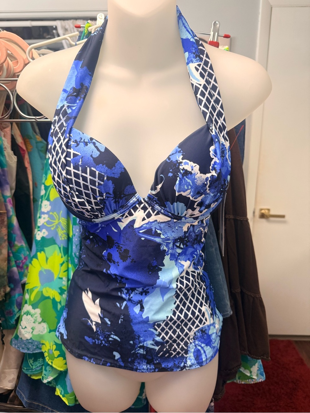 Y2K NWT Hapari Halter Floral Print Tankini Top in Blue